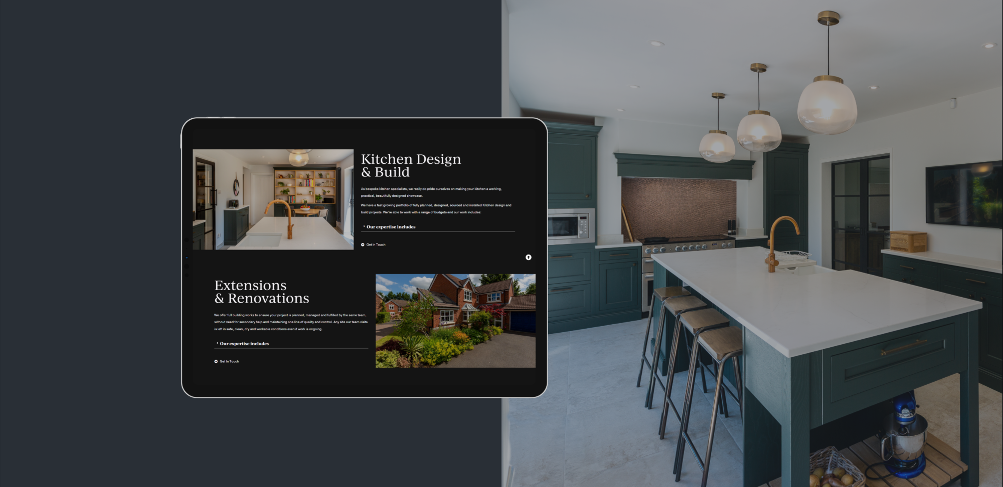 Cheshire Joinery & Kitchens tablet view of website with accompanying kitchen image