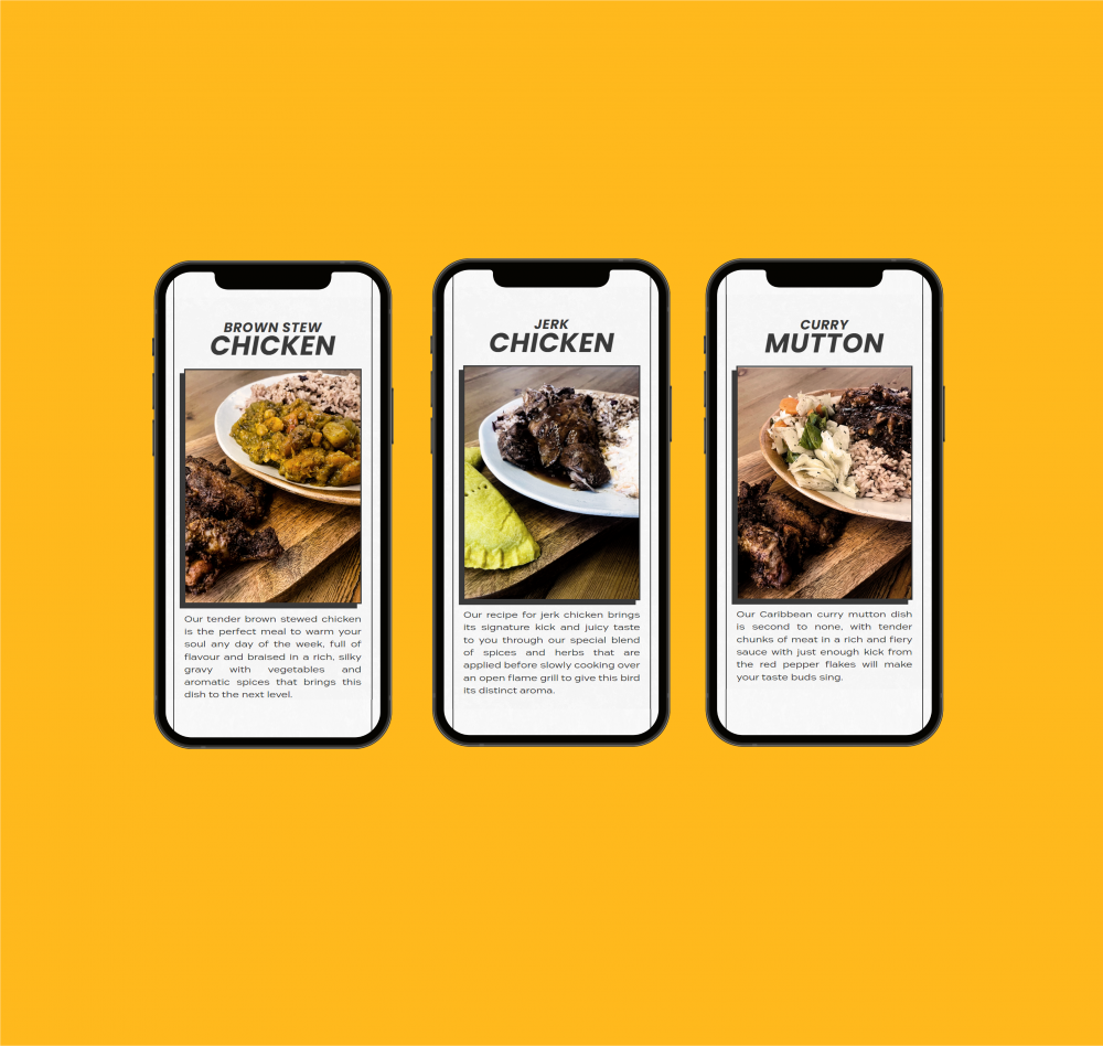 Three variations of Rad's Caribbean takeaway homepage design on mobile