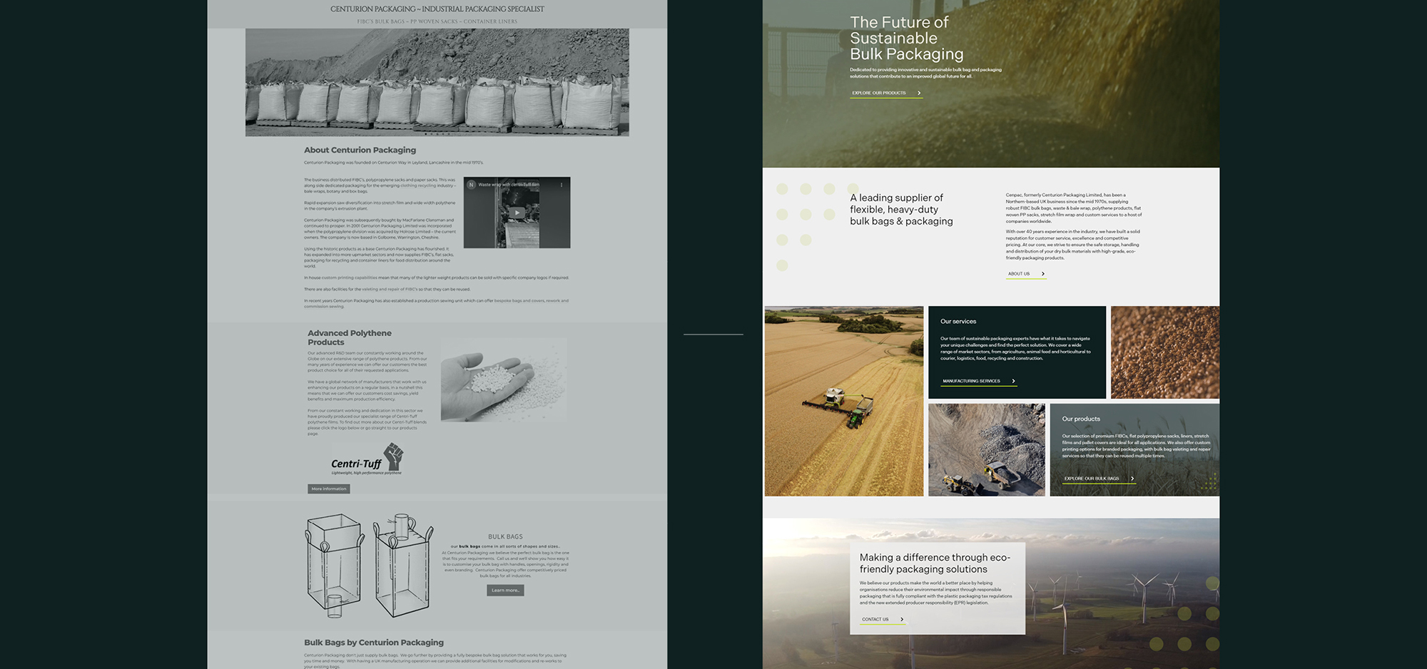 Old Centurion homepage design next to new Cenpac website design